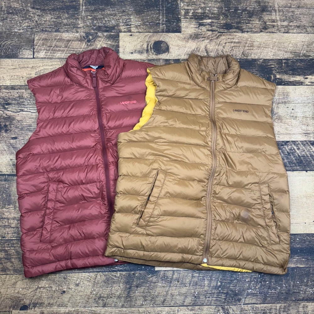 2 Lands End Mens Puffer Vest Red Brown Packable Lightweight Insulated Full Zip L